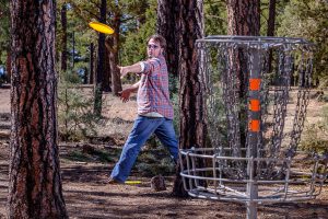Man in wooded park throwing frisbee at chain target