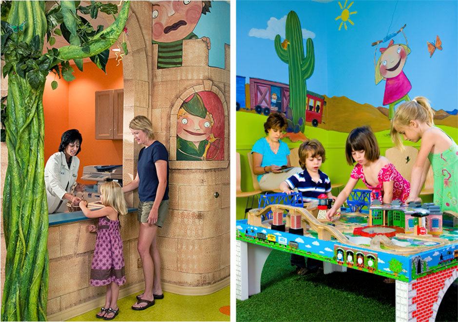 Pediatric office gaily decorated with bean stock and cartoon characters with children playing while waiting.